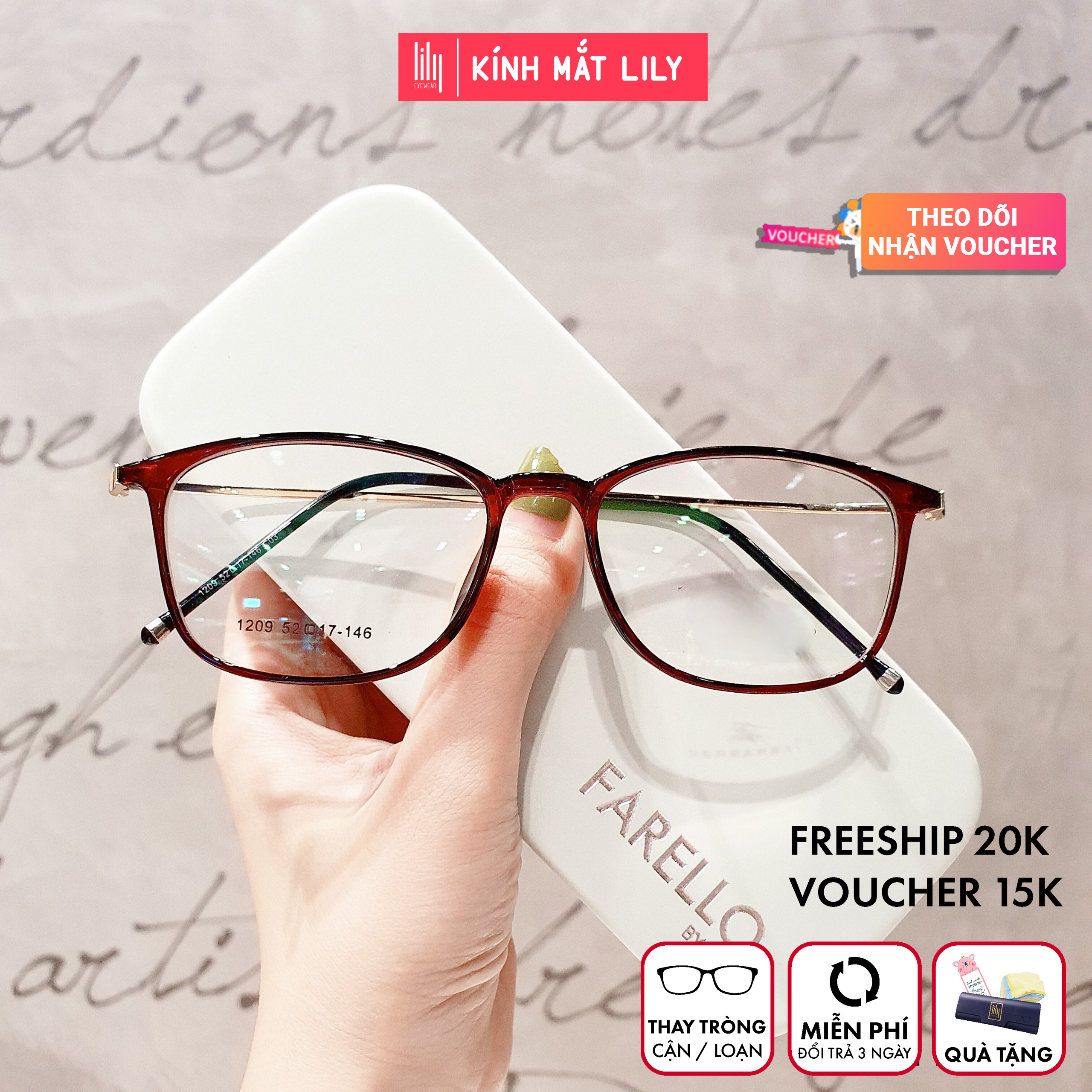 Kính Cận Thời Trang Nam Nữ  1209- Gọng Kính Cận Đẹp-Gọng Kính Cận Unisex-Gọng Kính Thời Trang-Lily Eyewear quà kèm