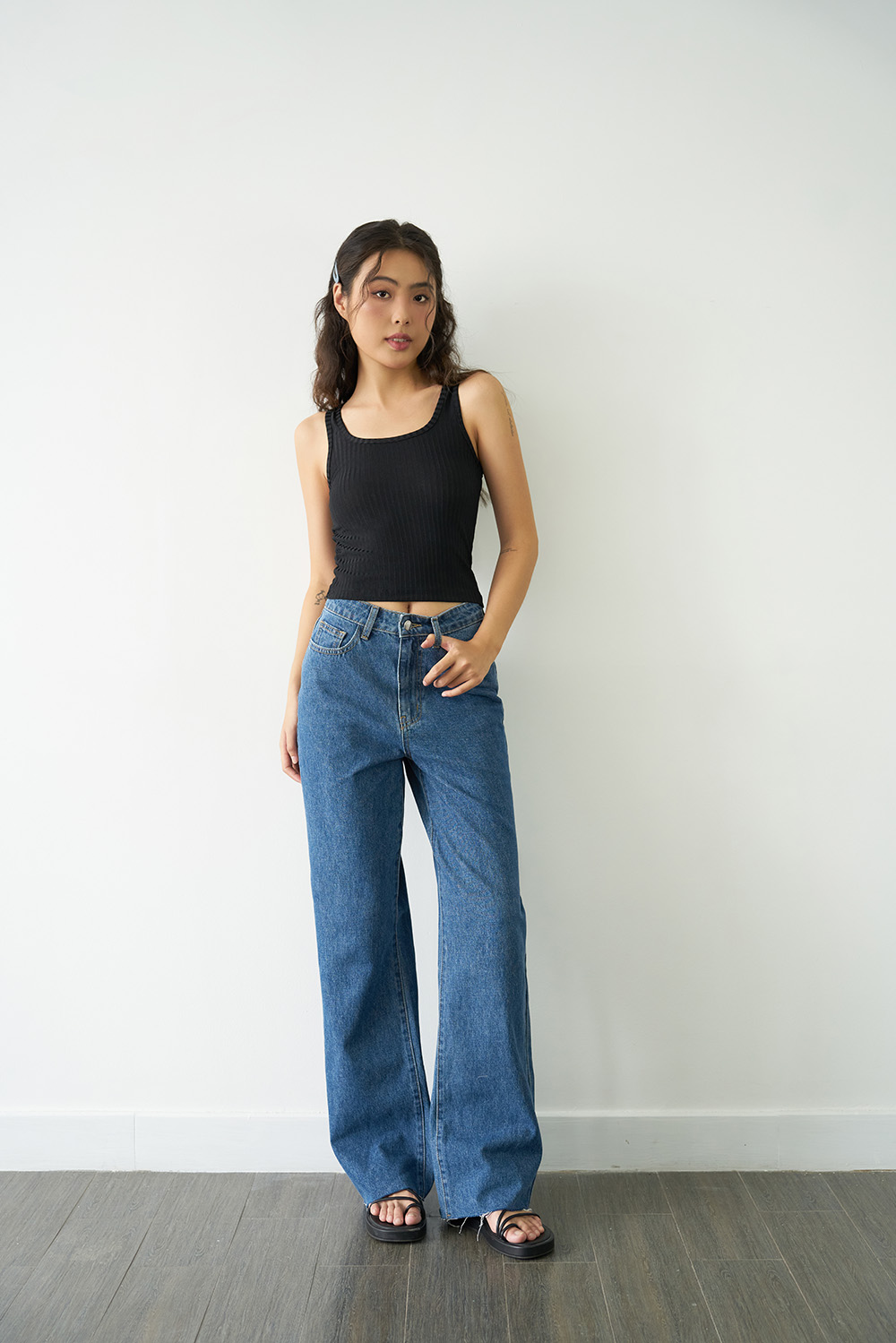 Dottie - quần jeans ống rộng nữ dottie xanh đậm - q0260