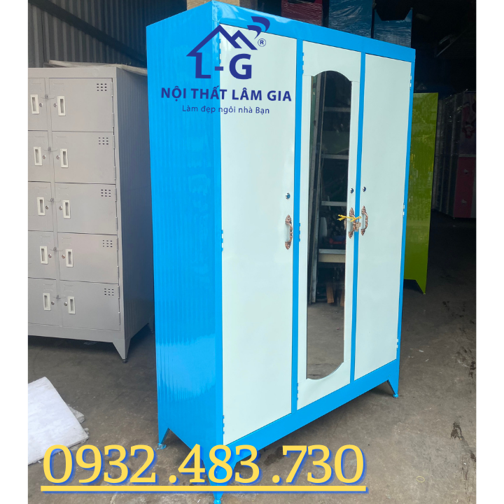 [HCM]Tủ sắt quần áo 3 buồng giá rẻ màu xanh dương_1m8x1m2x45cm