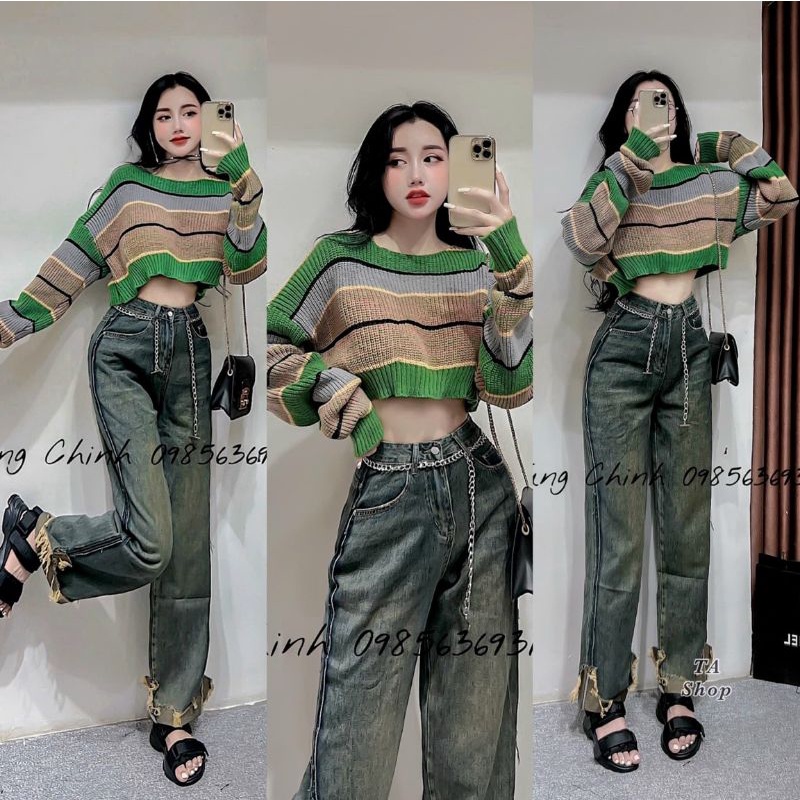 Áo Len Nữ Dài Tay Dáng Croptop Phong Cách Hàn Quốc Phối Kẻ Xanh - LNWA194