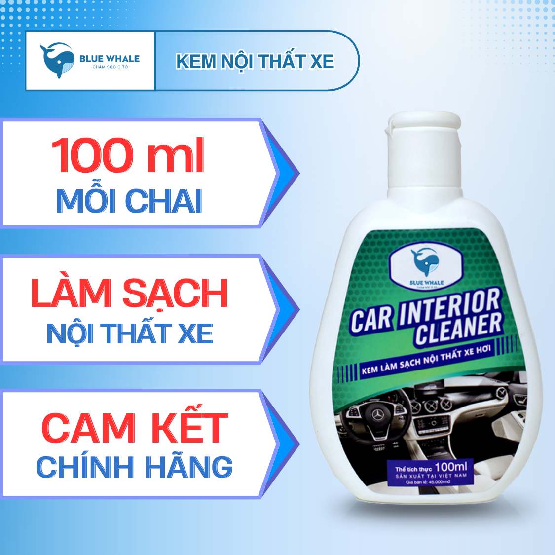 Kem làm sạch nội thất xe hơi BlueWhale làm bóng, sáng các bề mặt nội thất trong xe, để lại mùi hương