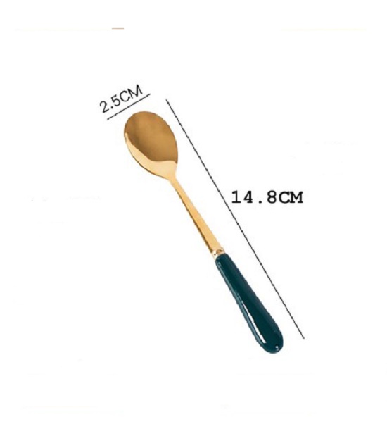 Combo bộ 2 thìa cán sứ xanh mạ màu vàng 14.5x2.5cm
