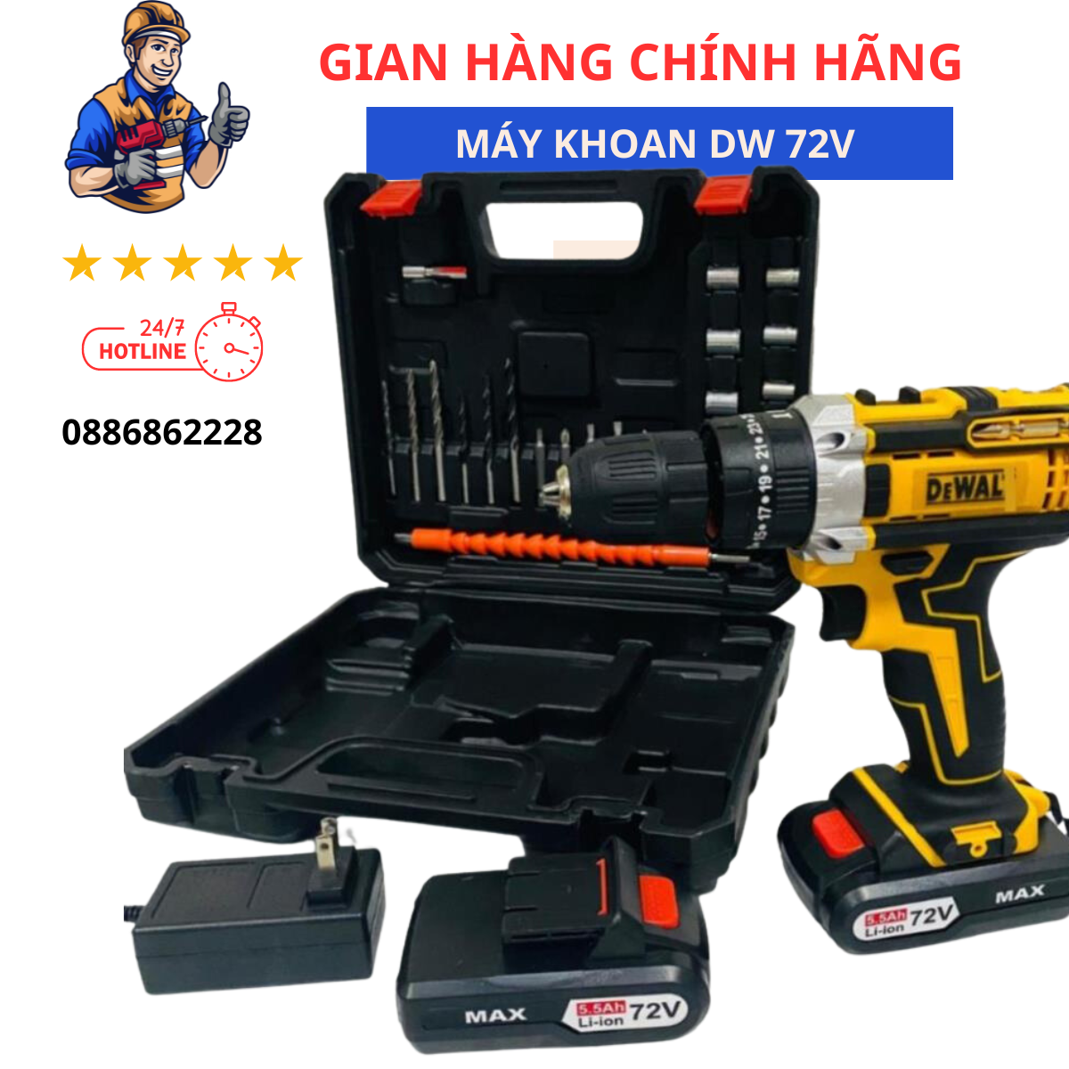 Máy khoan pin, bắn vít 72V Dw 3 chức năng có búa - Tặng kèm bộ phụ kiện 24 chi tiết