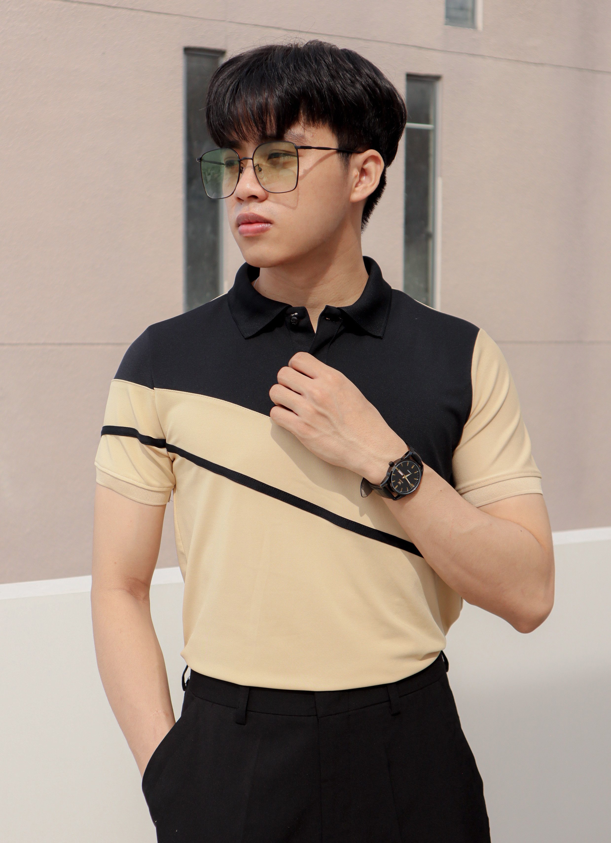 Áo thun nam cổ trụ phối màu