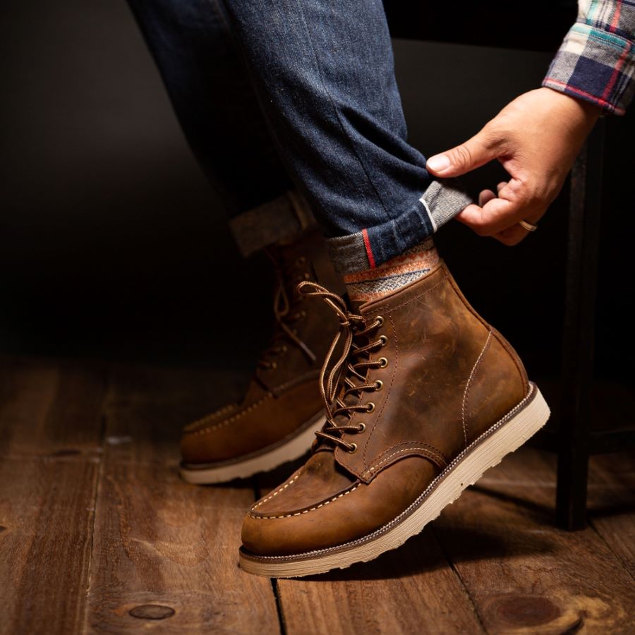 •Giày boot nam da bò sáp cao cấp cổ cao. • MOCTOE BROWN - Steeler, đế khâu, phong cách workwear.