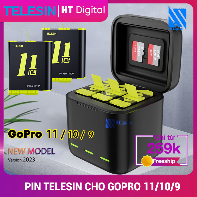 Hộp Sạc 3 + 2 Pin GoPro 12 11 10 9 Telesin Có Nắp Đậy - Bộ Pin Sạc GoPro Hero 12 11 10 9 Telesin - Pin Máy Quay Hành Trình GoPro Hero (Hàng chính hãng)