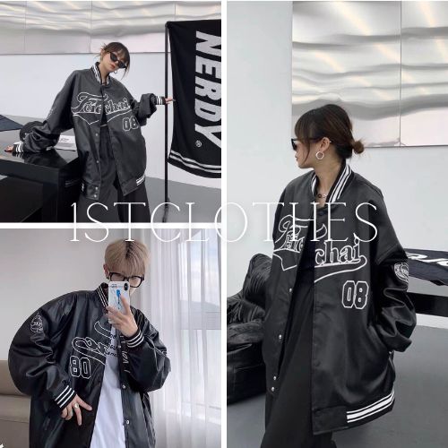 Áo khoác bomber in chữ FEI tay phối da Áo khoác nam nữ màu đen cá tính 1STCLOTHES