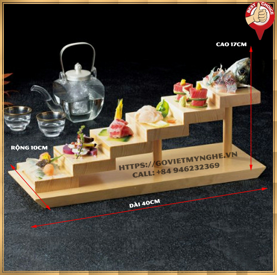 [Mẫu mới] Khay gỗ trang trí sushi khay gỗ trang trí món ăn sushi Nhật Bản hình bậc thang 6 tầng - Gỗ thông nhập khẩu