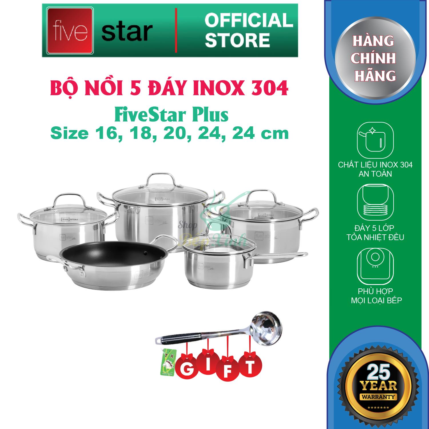 Bộ Nồi 5 Đáy Inox 304 Cao Cấp Bếp Từ Fivestar Plush FPB55D001 Nắp Kính , bảo hành 25 năm , tặng 1 vá canh