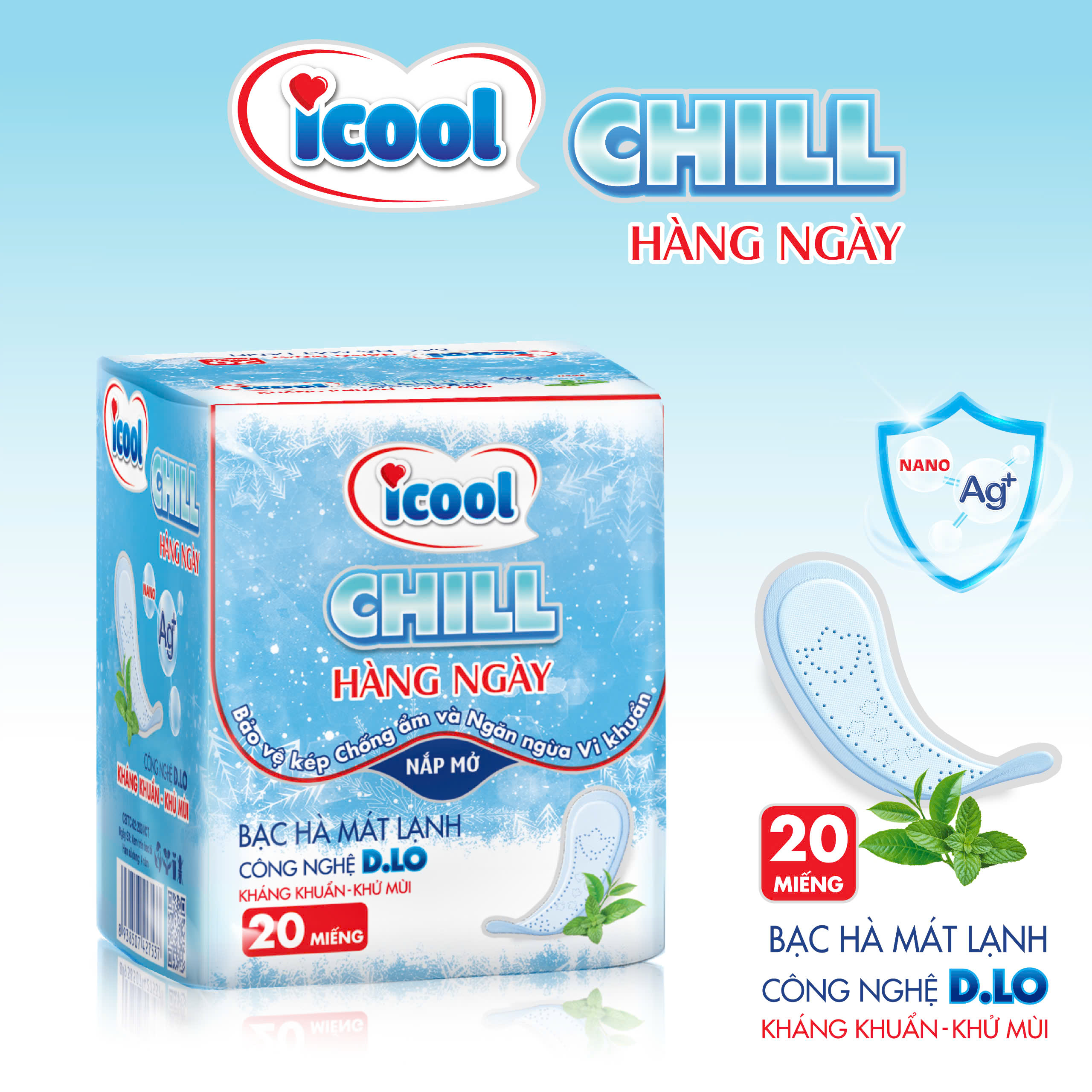 Băng Vệ Sinh ICOOL CHILL 20 Miếng, BVS hàng ngày 16cm, không cánh, MẶT VẢI NHUNG mềm mại, bạc hà MÁT LẠNH, trà xanh khử mùi.