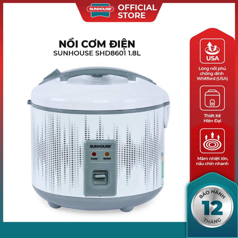 Nồi cơm điện sunhouse shd8601 1.8l công suất 700w - ruột nồi công nghệ chống dính whitford - usa