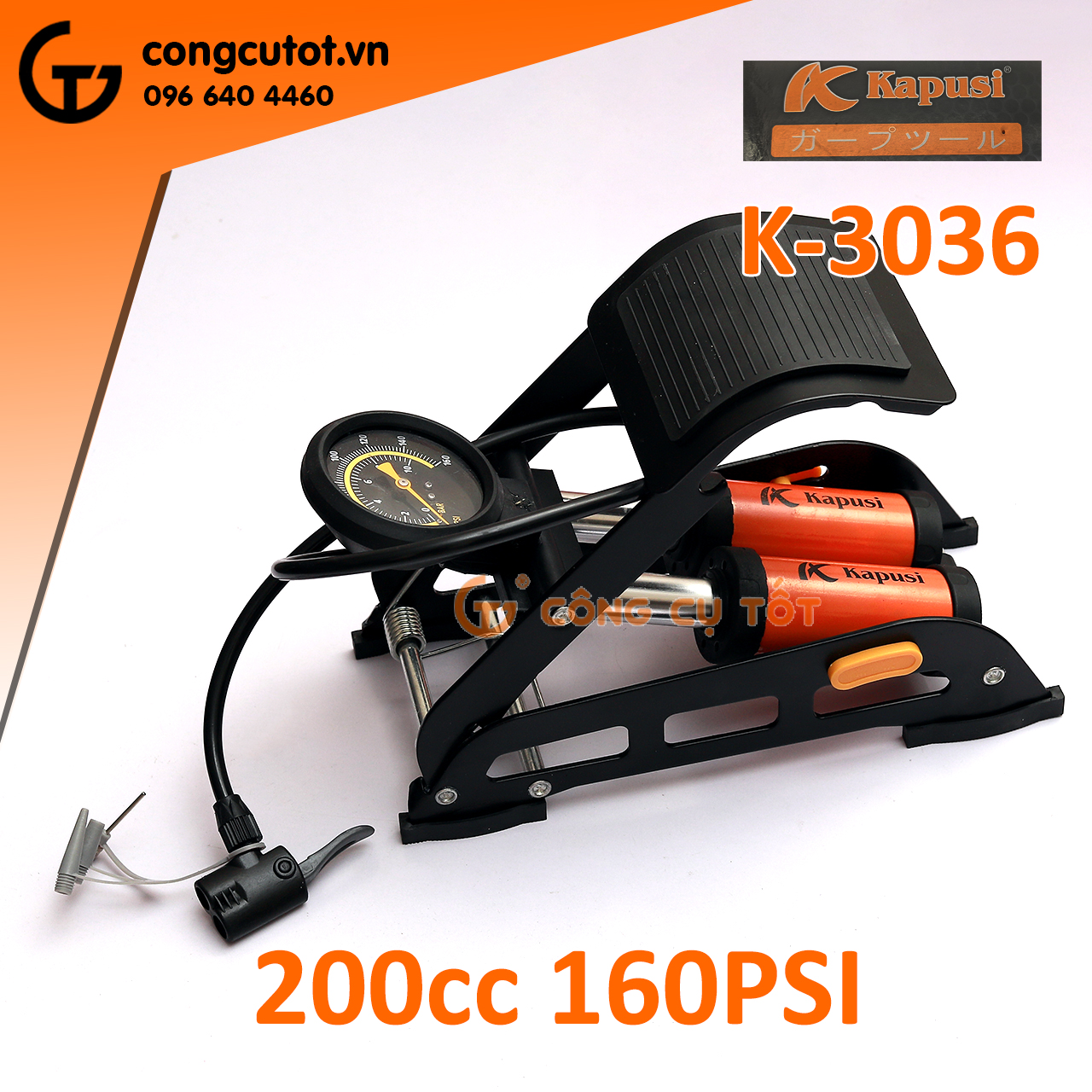 Bơm đạp chân đa năng, bơm xe máy, xe đạp Kapusi K-3036 Nhật Bản 2 ống