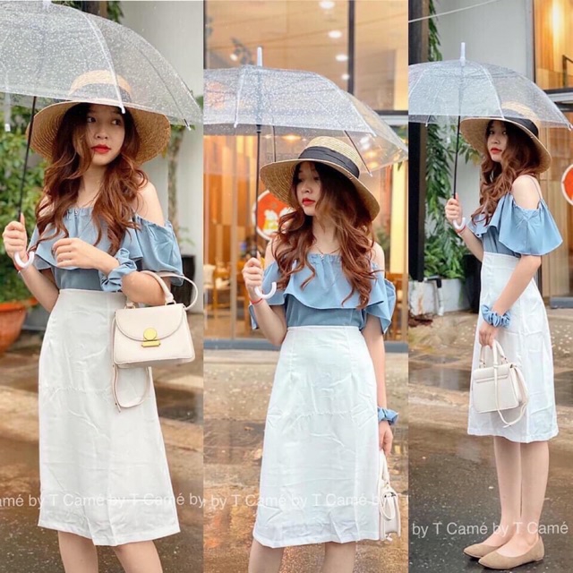 Set áo trễ vai chân váy trắng cho nàng dạo phố xinh xắn