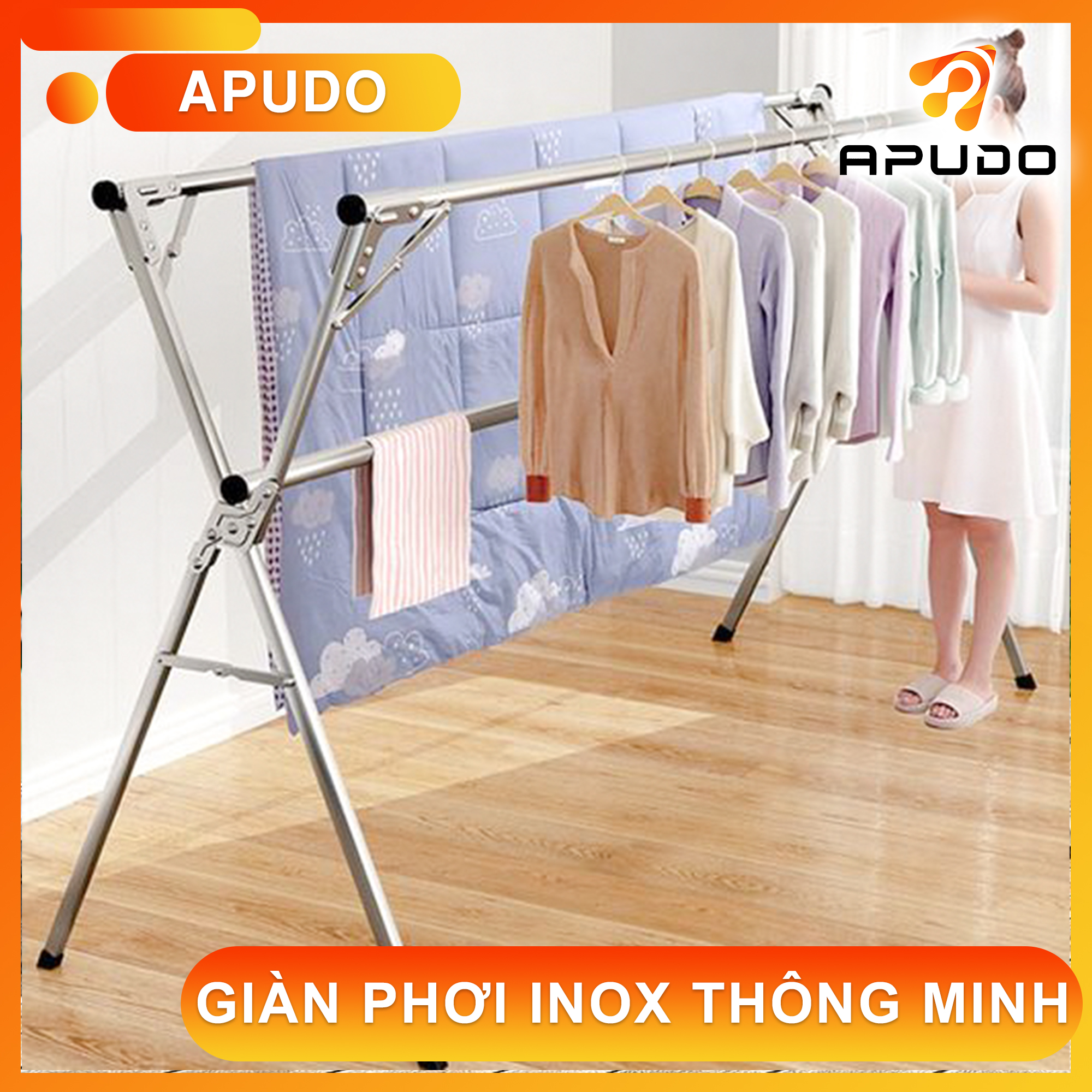 Giàn Phơi Thông Minh Apudo [HÀNG NHẬP KHẨU] Xào Phơi Quần Áo Inox 304 Cao Cấp - Cây Phơi Quần Áo Gấp Gọn Trong 5 Giây