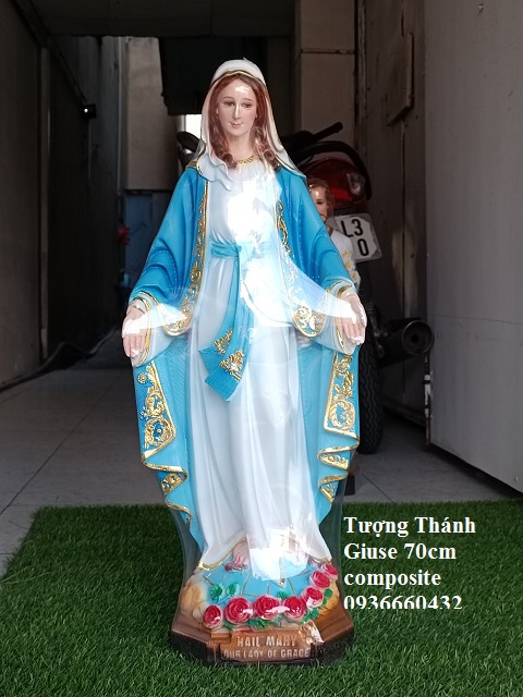 Tượng đức mẹ ban ơn 70cm màu xanh dương tượng công giáo chất liệu composite để được ngoài trời