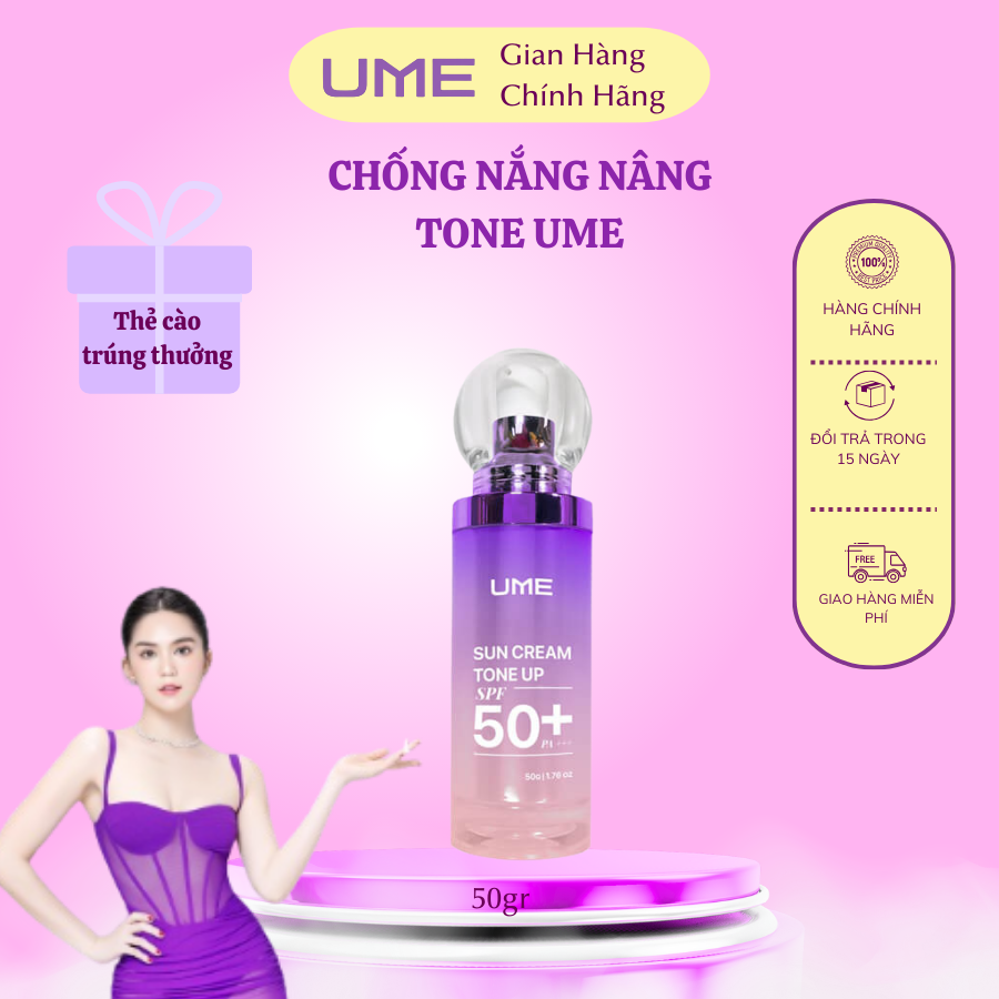 Kem chống nắng nâng tông UME, kem chống nắng cho mặt SPF 50+ hỗ trợ dưỡng trắng da, giúp cấp ẩm da mềm mịn đều màu 50g