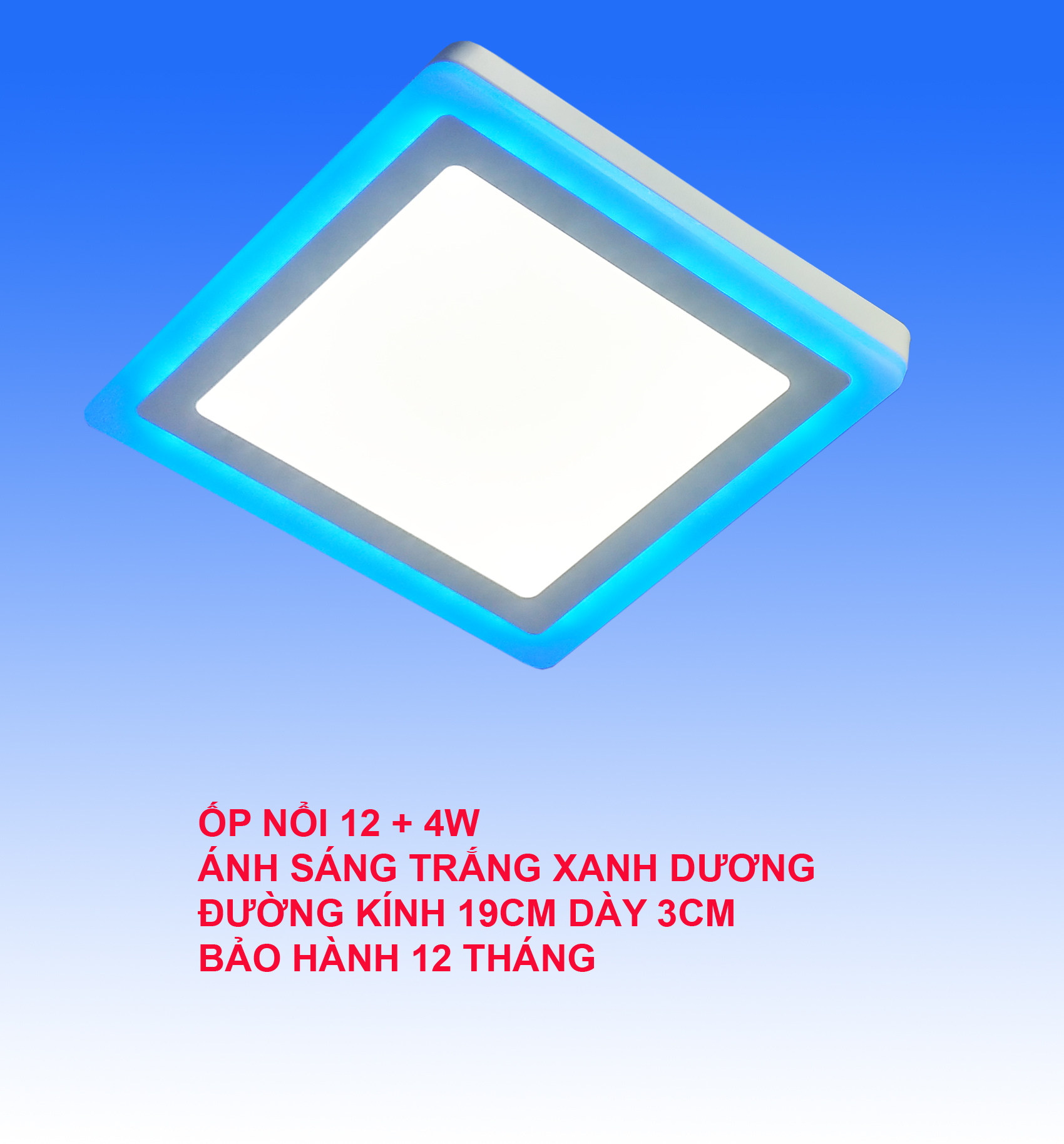Đèn Led ốp trần 16w vuông nổi 2 màu 3 chế độ sáng trắng xanh dương