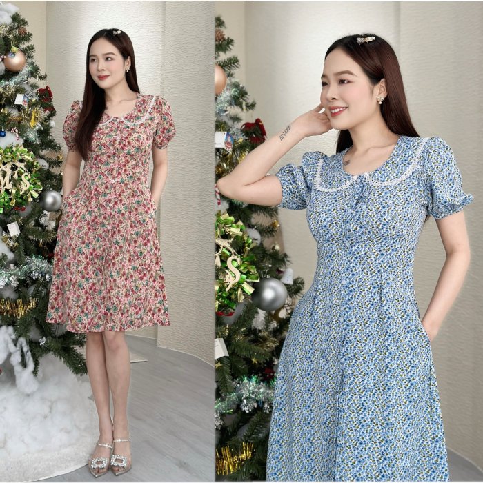 Đầm xòe hoa nhí cổ sen phối ren, có túi misa - ms0251