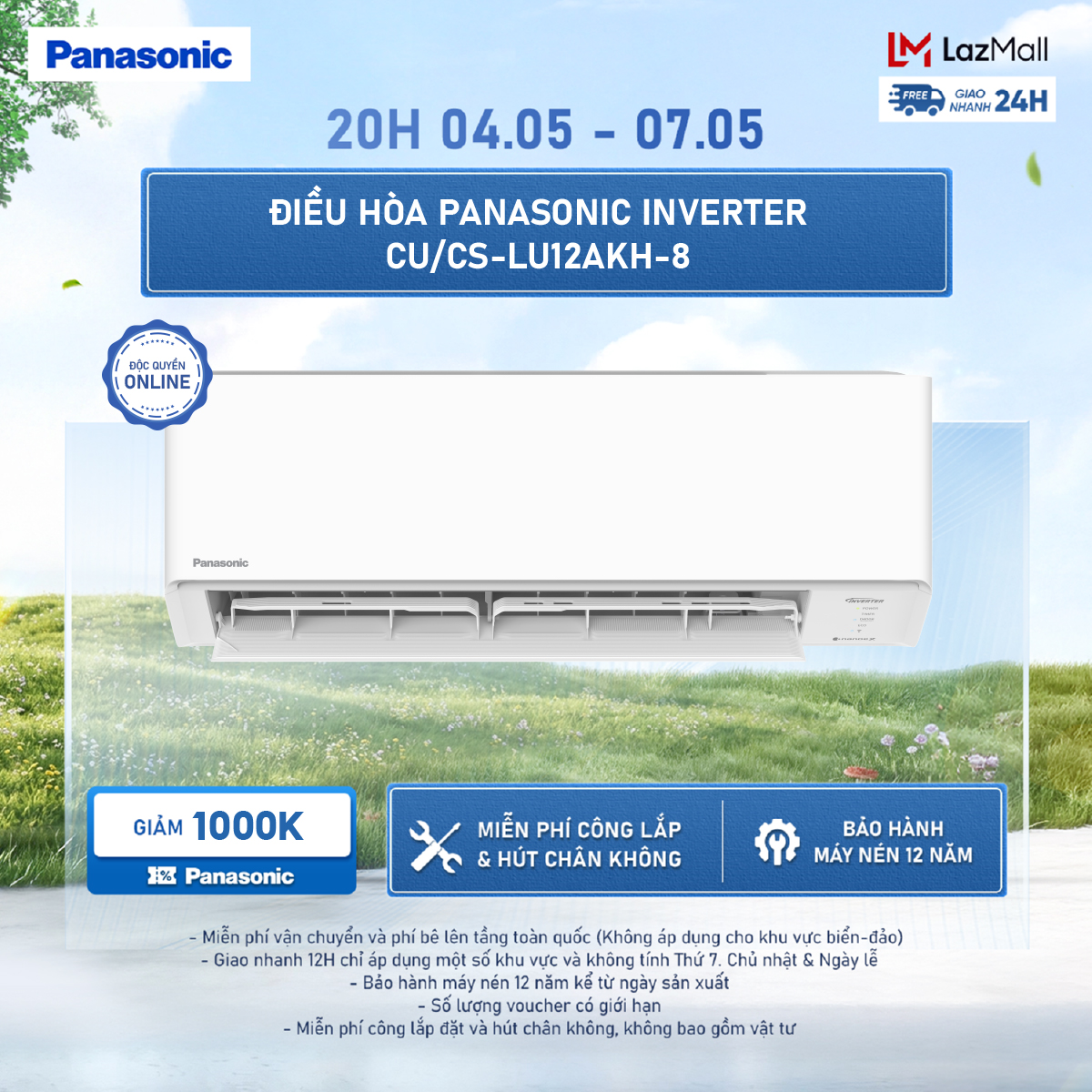 [SẴN HÀNG MIỀN NAM] Máy lạnh/ Điều hòa Panasonic Inverter CU/CS-LU12AKH-8 - 1.5HP - Một chiều - Eco AI - Lọc sạch không khí NanoeX - Wifi