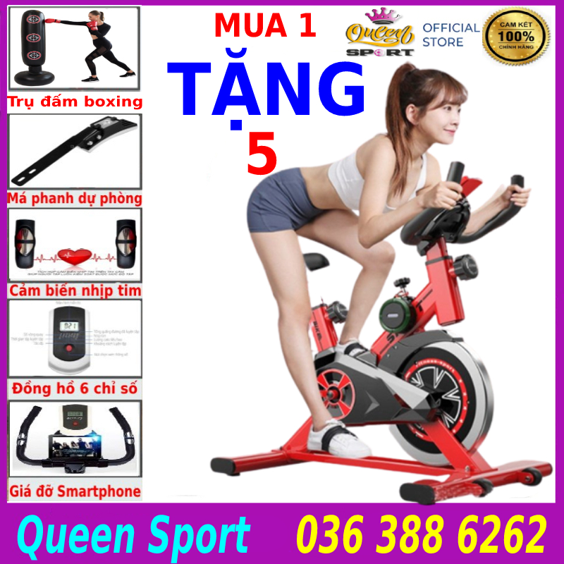 Xe đạp tập gym thể dục queen sport x9 tặng má phanh dự phòng + cảm biến nhịp tim + đồng hồ 7 chỉ số + giá đỡ ipad, bảo hành xe đạp 3 năm