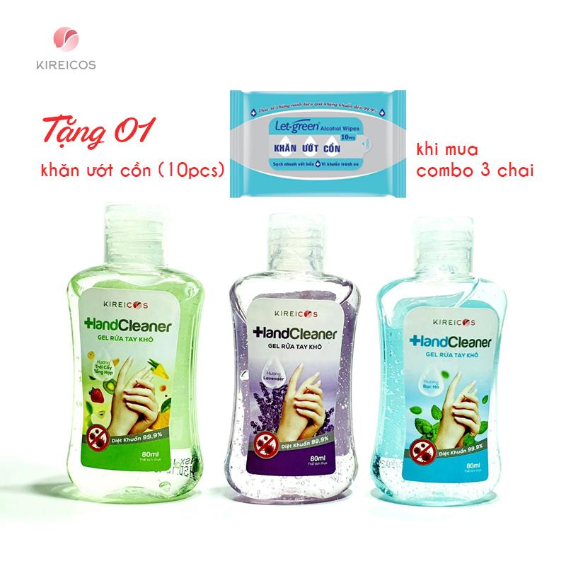 Combo 3 chai gel rửa tay khô kireicos 80ml tặng 1 khăn ướt cồn let green 10 tờ
