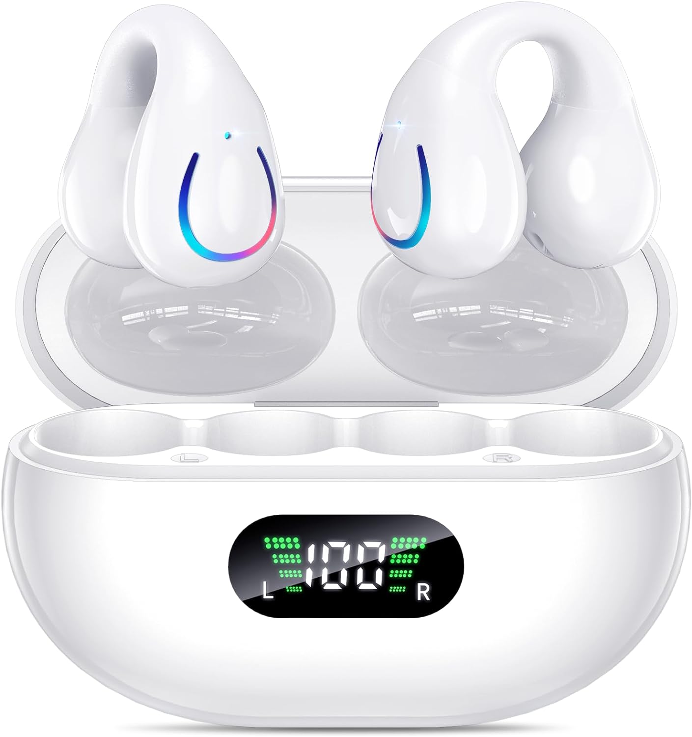 Open Ear Clip Wireless Earbuds Bluetooth 5.3, Sports Earphones Built-in Microphone with Earhooks & Ear Hook, Wireless Charging Case & Display, Waterproof F