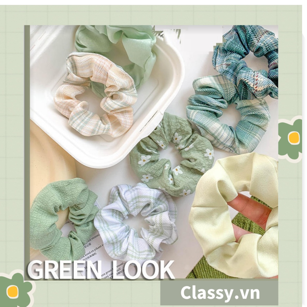 Classy Scrunchies buộc tóc nhiều họa tiết; tông màu xanh lá nữ tính thanh lịch PK705