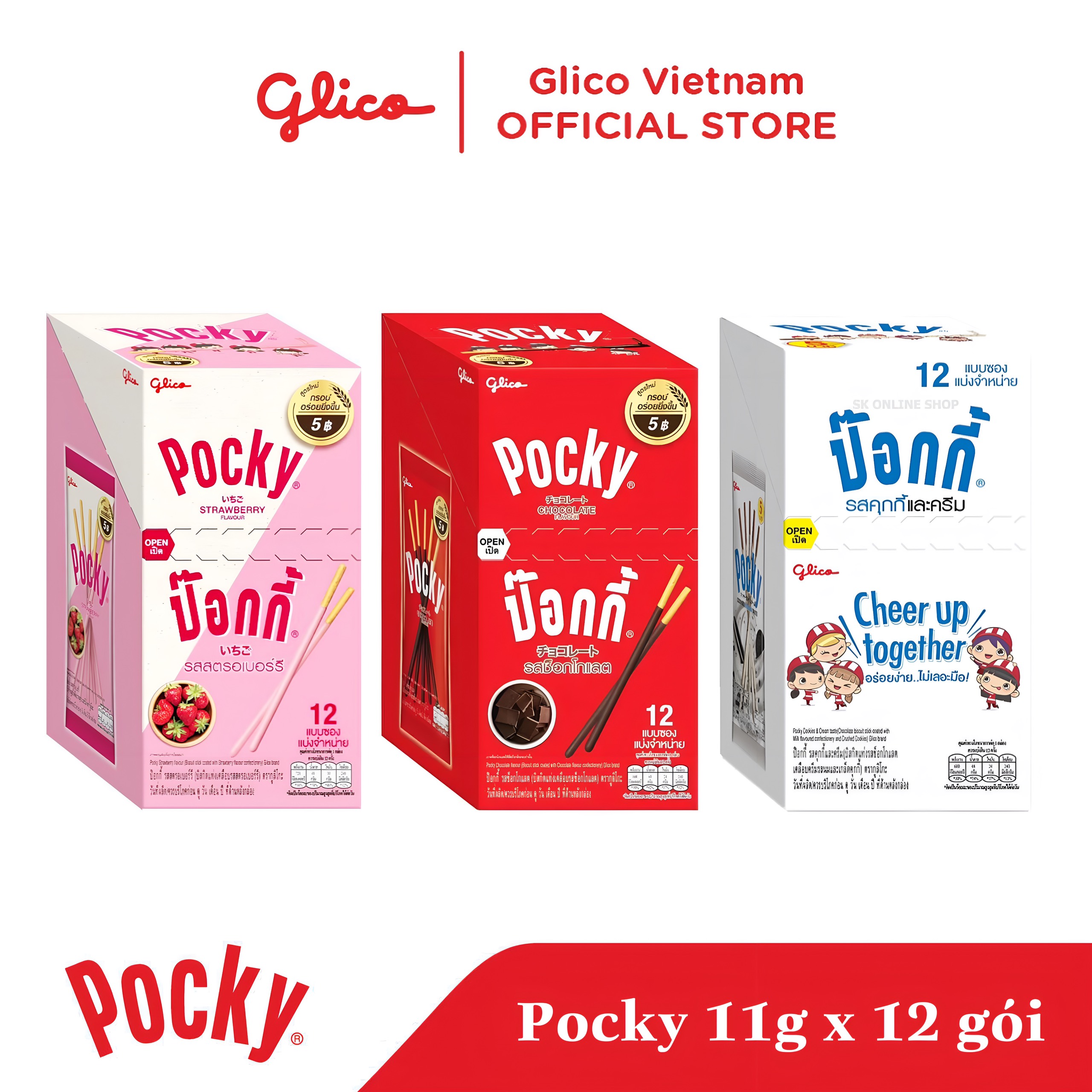 Đủ 3 Vị - Hộp 12 Gói Bánh Pocky Glico Thái Lan - 11g x 12 Gói