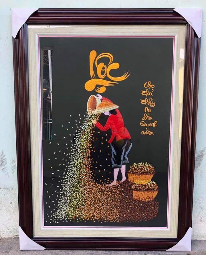 [ TRANH TREO TƯỜNG PHÒNG KHÁCH] TRANH THÊU CÔ GÁI ĐỔ THÓC
