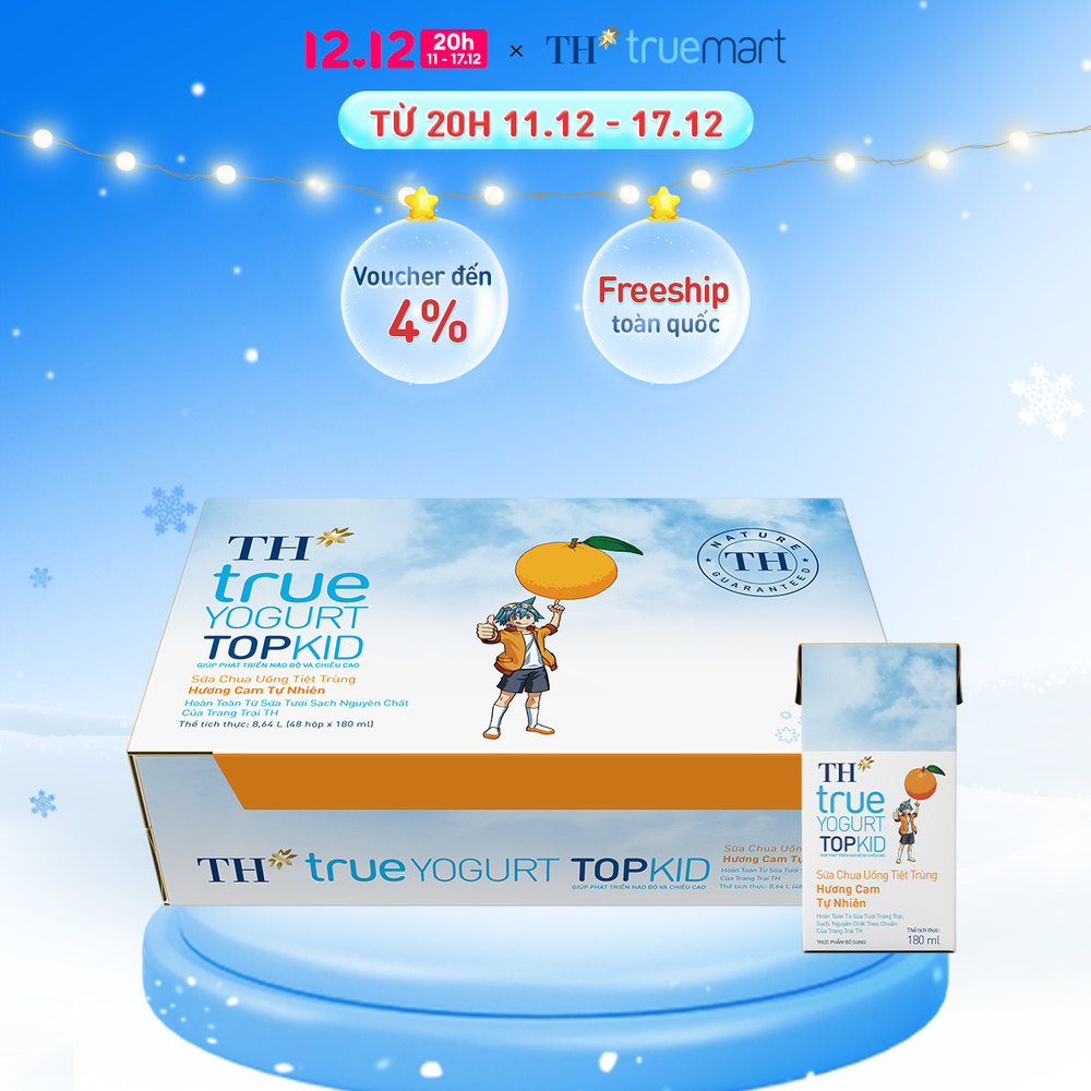 Thùng 48 hộp sữa chua uống tiệt trùng TH true YOGURT TOPKID hương cam tự nhiên 180 ml (180 ml x 48)