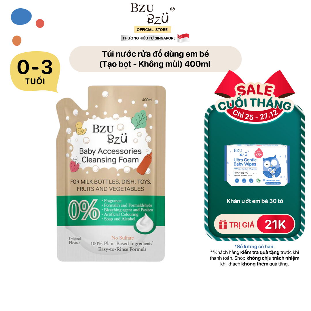 Nước Rửa Bình Sữa Và Đồ Dùng Em Bé BZU BZU Baby Accessories Cleansing Foam Tạo Bọt, Thành Phần Thực Vật Túi 400ml