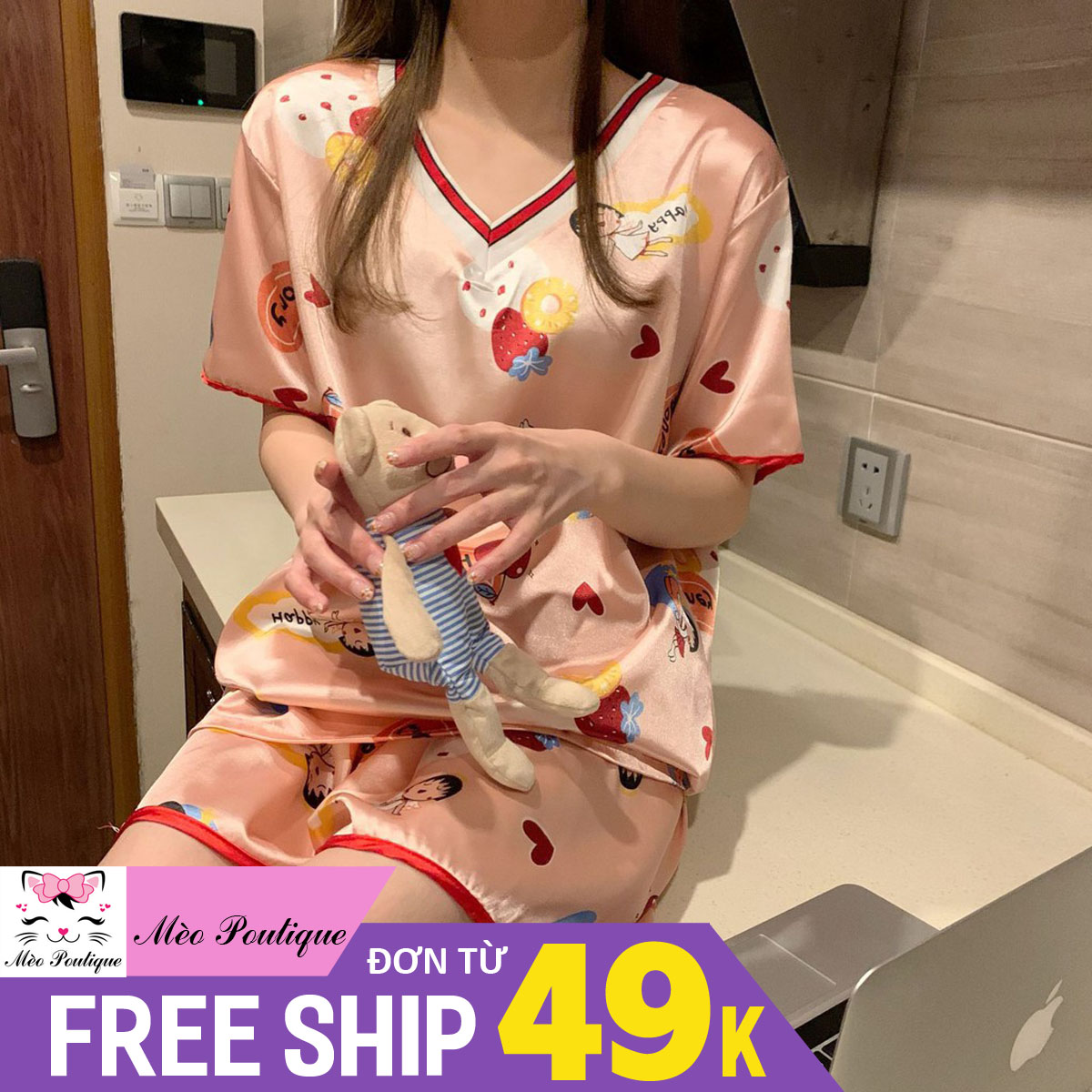 Set Áo ngắn tay Quần đùi  - Đồ Ngủ mặc nhà dành cho Nữ ngắn tay / Chất vải Satin bóng mịn thoáng mát gọn nhẹ cao cấp thời trang Mùa Hè