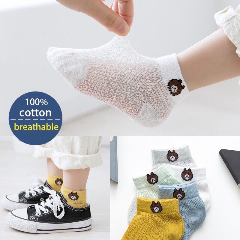 Sét 5 đôi tất lưới thêu hình gấu , tất lưới thông hơi cho bé