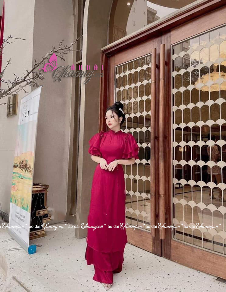 Áo dài cách tân nữ tay cánh tiên - Áo dài 4 tà thiết kế tay bèo, Vải áo dài lụa tơ óng cao cấp