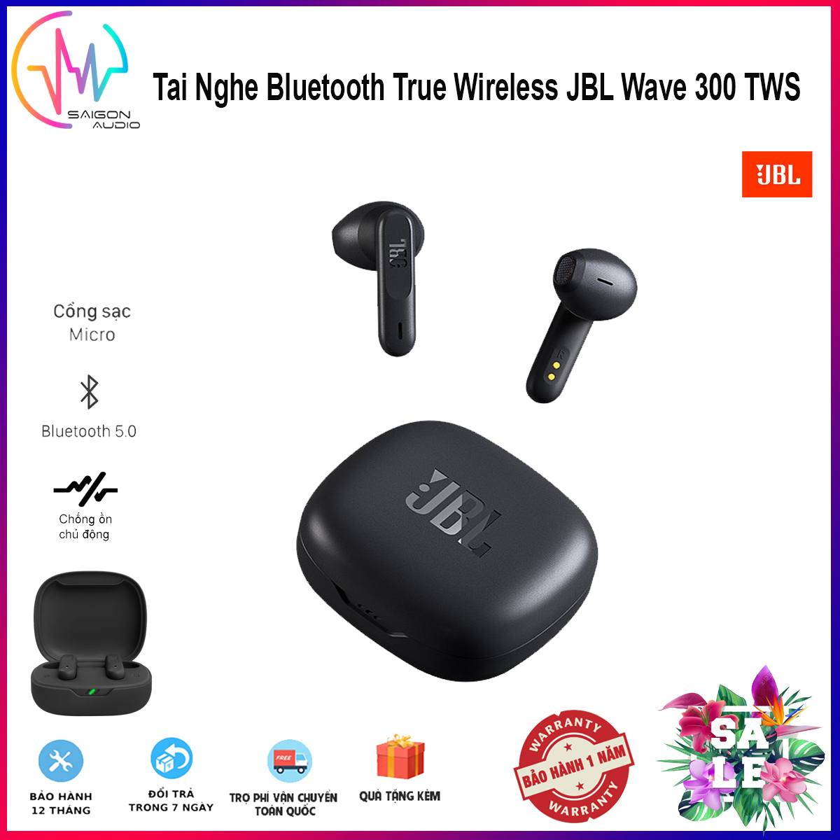 Tai nghe bluetooth không dây jbl wave - tai nghe true wireless jbl wave 300 tws - micro tích hợp, âm thanh chuẩn bass mạnh - kiểu dáng in ear - 26h chơi nhạc kèm hộp sạc, kết nối bluetooth 5.0 tai nghe nhét tai jbl wave300 cao cấp bh 12t