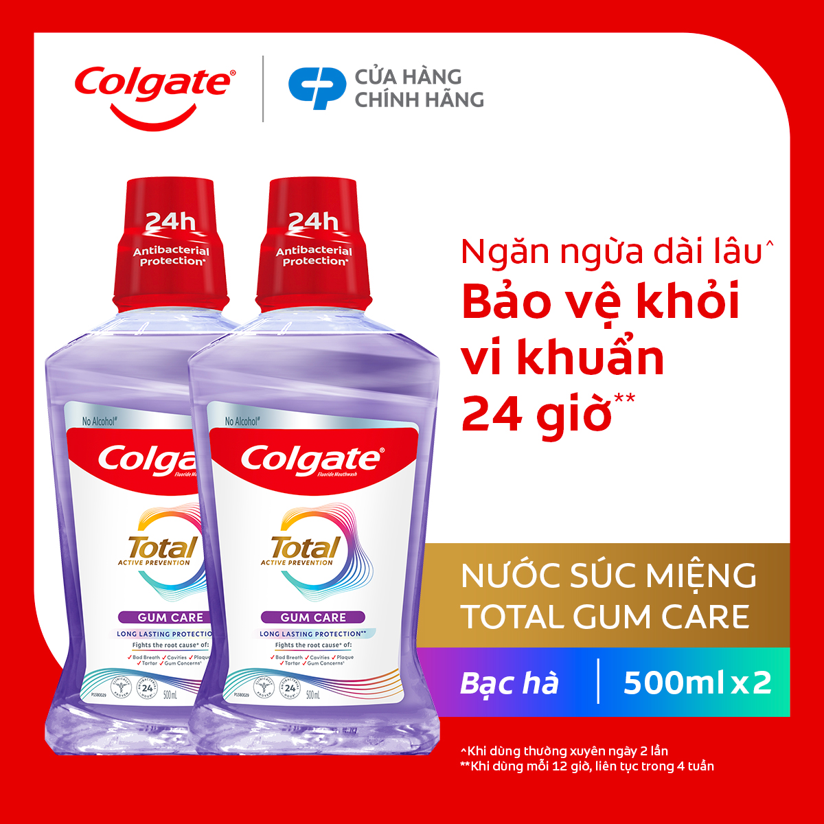  Bộ 2 nước súc miệng Colgate diệt khuẩn không cồn 500ml  chai 