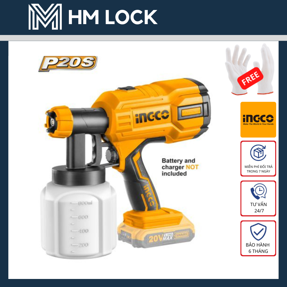 Máy phun sơn dùng pin lithium 20v ingco - hàng chính hãng - csgli2001 - hm lock