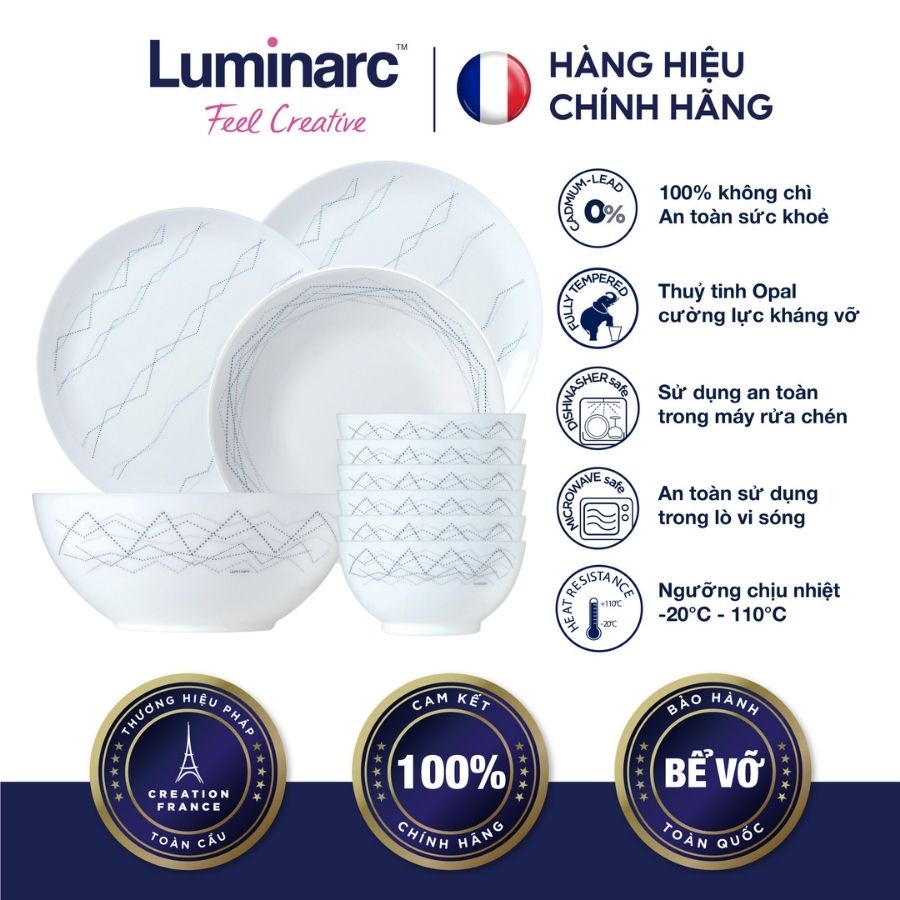 Bộ bàn ăn tô chén đĩa thuỷ tinh cường lực luminarc diwali marble 12 món - ludima12m