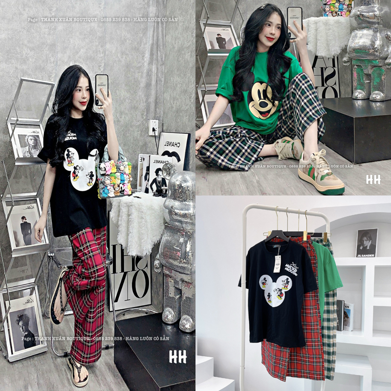Set bộ áo phông mickey mix quần suông kẻ caro bigsize