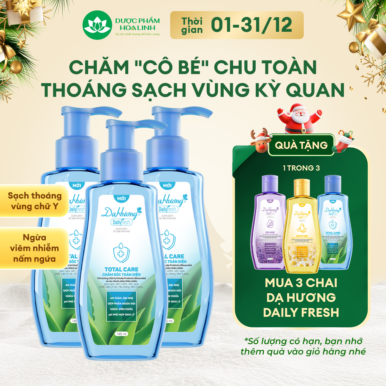 Combo 3 chai dung dịch vệ sinh Dạ Hương Daily Fresh Total Care 145ml - Giúp CHĂM SÓC TOÀN DIỆN