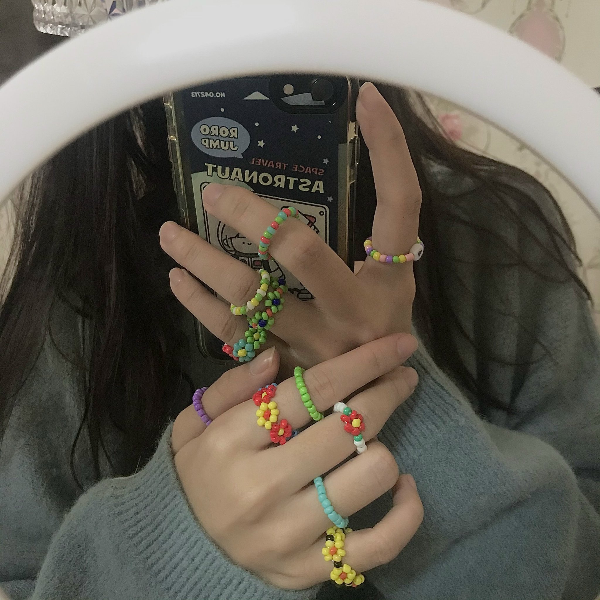 Nhẫn hạt cườm b&ocirc;ng hoa cầu vồng, m&agrave;u pastel nhiều m&agrave;u phong c&aacute;ch