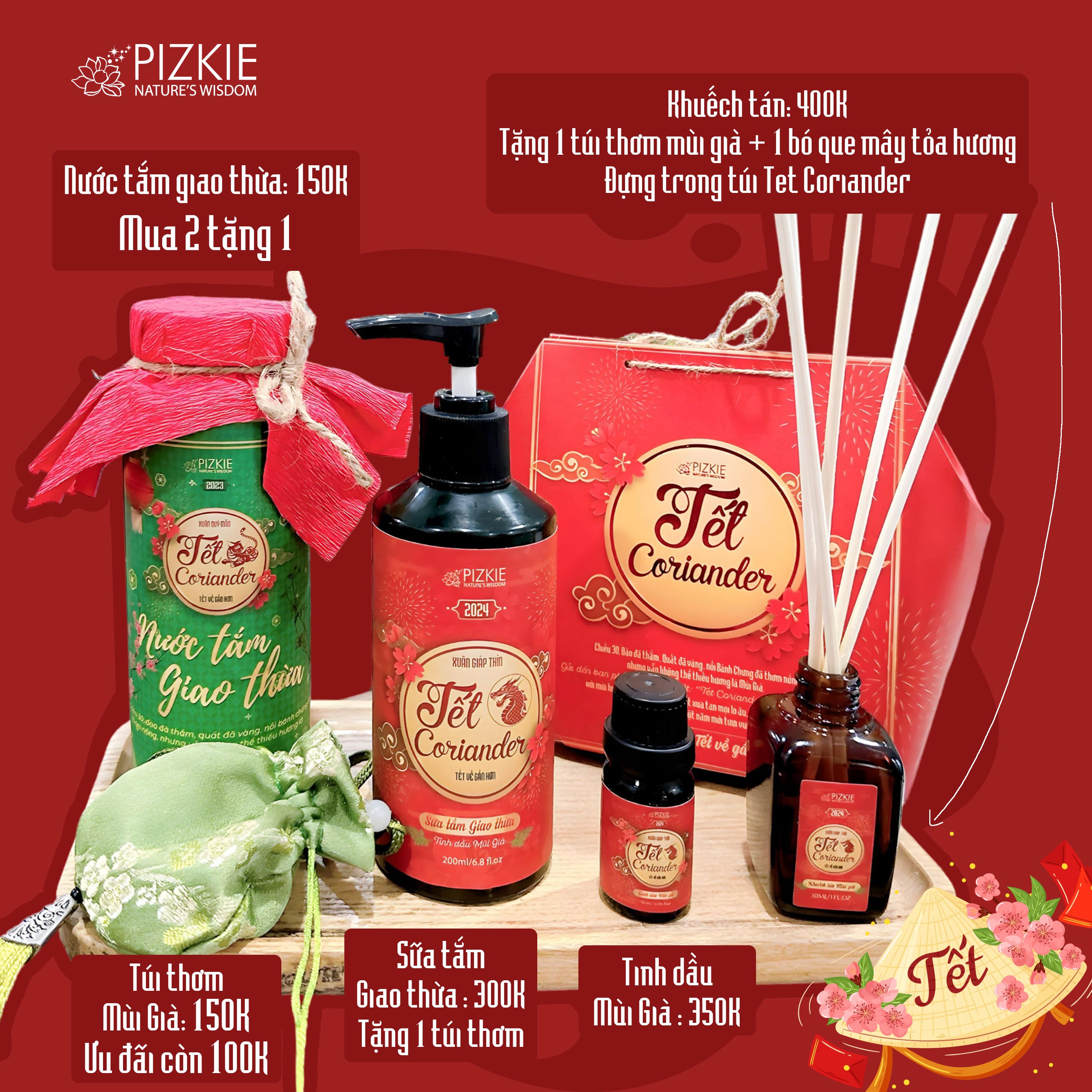 Bộ sản Phẩm Tết Coriander Pizkie Hương Mùi Già - Gồm nước tắm mùi già, tinh dầu mùi già, túi thơm và sữa tắm giao thừa