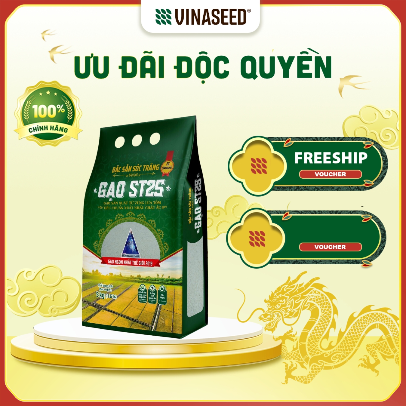 Gạo ST25 Ngon nhất thế giới năm 2019 Vinaseed túi 5kg - Dẻo, thơm, giàu dinh dưỡng