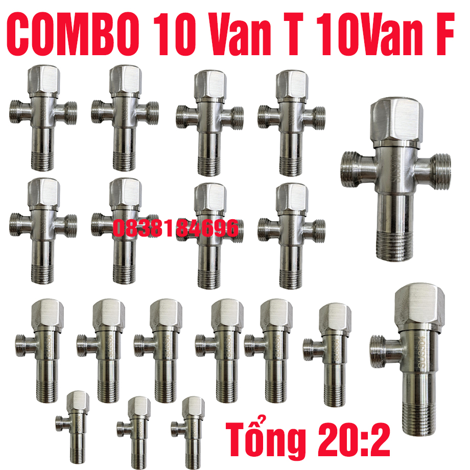 Combo 20 van t cầu van f, combo có 10 van t khóa 10 van f tổng 20 cái, van t cầu, van f, van t khóa, van f khóa inox 304 lựa chọn 13976