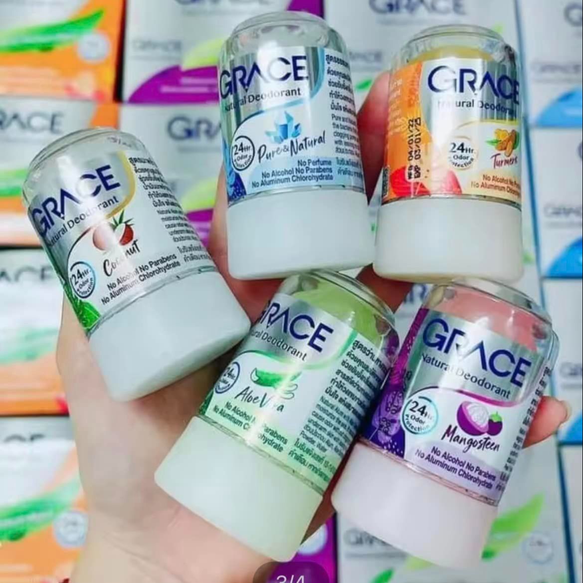 Date 2026- lăn khử mùi đá khoáng grace natural deodorant thái lan ngăn mùi 24hr odor protection 70g