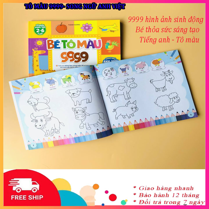 Vở tô màu cho bé theo chủ đề gồm 160 trang, tô màu song ngữ Anh việt 9999 cho bé,cuốn tập tô màu chữ số, tô màu ô tô, con vật, tô màu phương tiện giao thông, tô màu công chúa, nhiều chi tiết hơn vở tập tô 5000