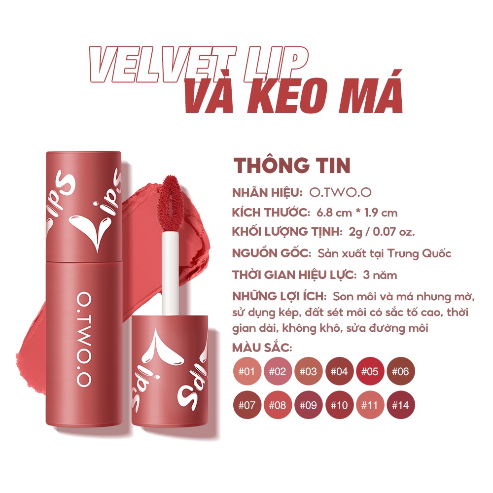 Son môi kiêm má hồng O.TWO.O kháng nước lâu trôi cao cấp son kem lỳ son màu nude son kem bóng 2.0g