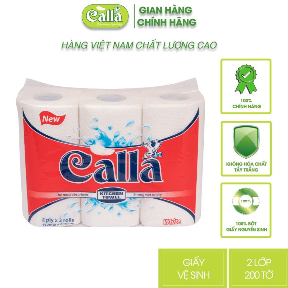 Khăn giấy lau bếp Calla 2 lớp x 200 tờ x 3 cuộn siêu dày dai, không mủn, thấm dầu mỡ, nước siêu tốt