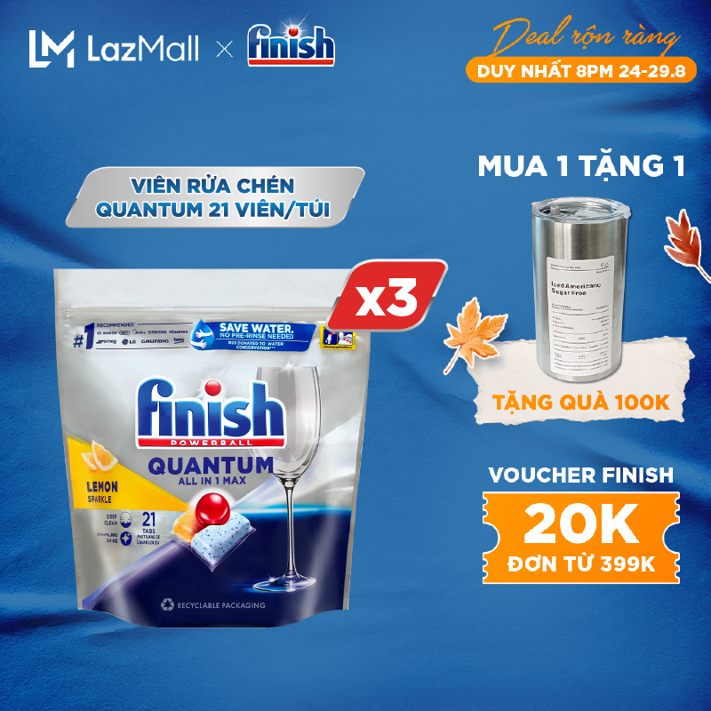 Combo 03 túi Viên Rửa Chén Bát Finish Powerball Quantum 21 viên
