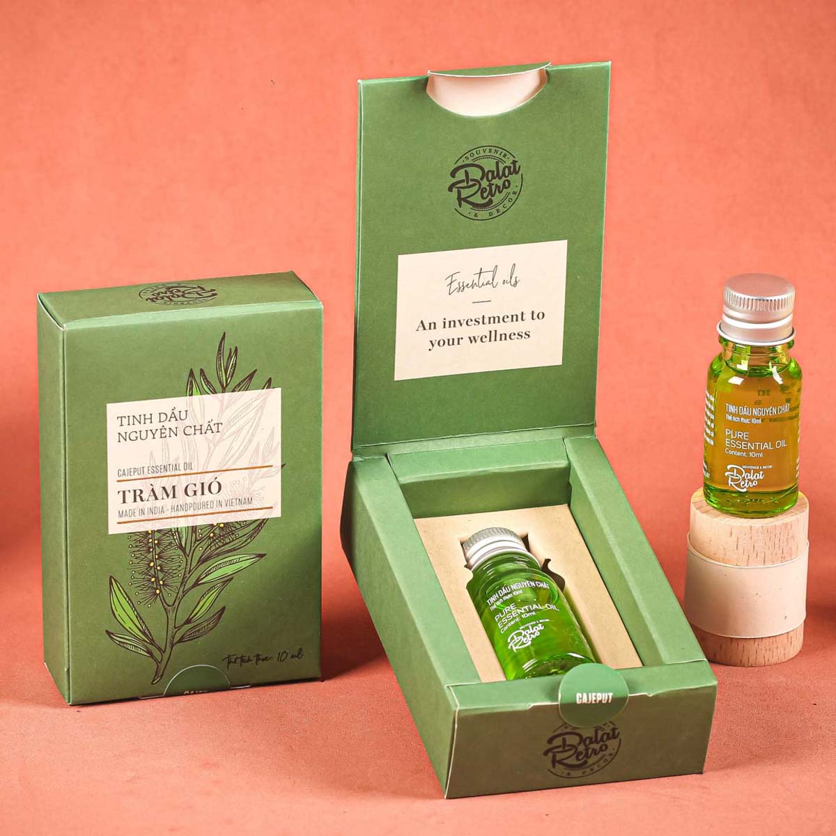 Tinh dầu nguyên chất, tràm gió cajeput, 10ml, hộp, mẫu minimal, Dalat Retro